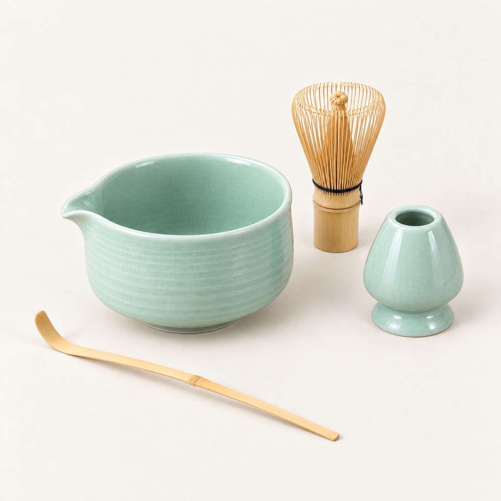 Essentials Matcha Set with Spout — Celadon on an off-white background