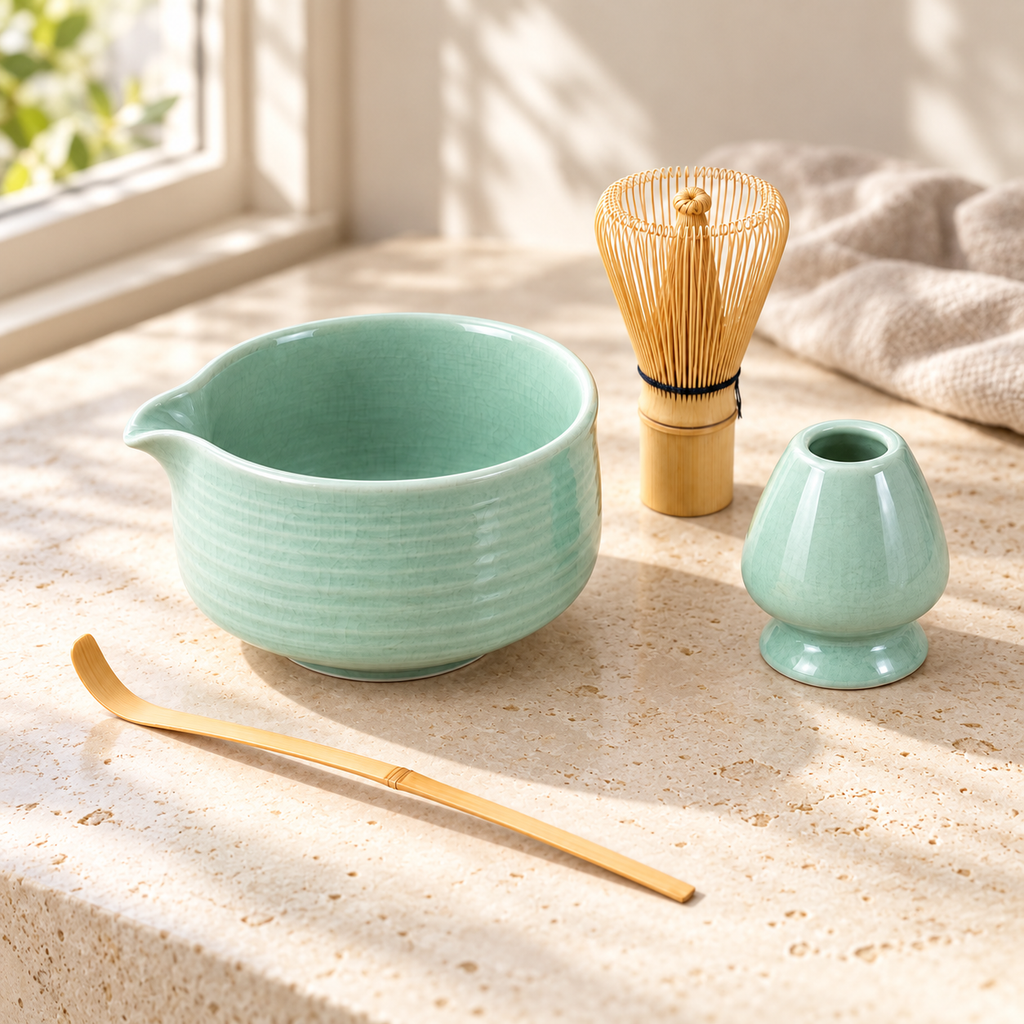 Celadon Essentials Matcha Set with pouring bowl, bamboo whisk, matching whisk stand and scoop on ivory stone