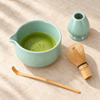 Celadon Essentials Matcha Set shown with prepared matcha as a serving suggestion; matcha powder is not included