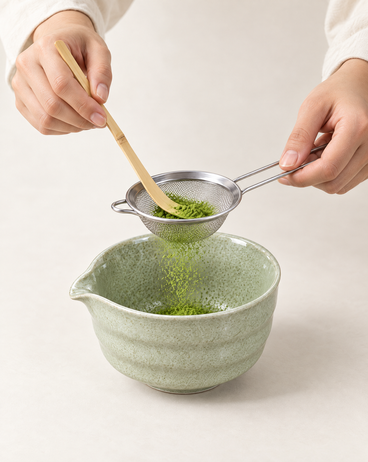 Sifting matcha into the Tokyo Whisk Speckled Sage bowl